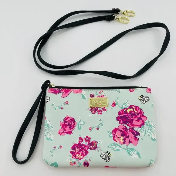 Betsey Johnson Aqua Pink Floral Crossbody Wristlet Strap Small Shoulder Bag - Picture 3 of 7
